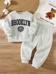 两件套儿童休闲舒适时尚简约实用百搭宽松印花加厚圆领卫衣裤套装，适合上学、日常穿着、外出、运动，春秋冬三季皆宜。 - 灰色 - 查看 9