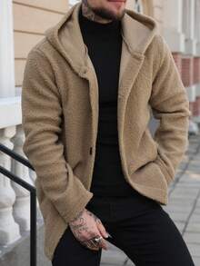 Manfinity Homme Manteau long à capuche casual à simple boutonnage de couleur unie pour hommes, manteau d'hiver pour hommes avec capuche en fourrure, automne/hiver - Kaki - Voir 4