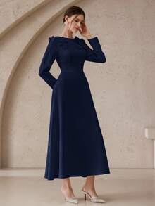 Modelyn Robe longue élégante de couleur unie avec fleurs 3D, automne - Bleu marine - Voir 5
