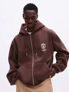 SUMWON Regular Men's Brown Full-Zip Hoodie With Drawstring Hood Centre Pocket Logo Branding Comfortable Casual Sweatshirt For Fall Winter Daily Wear Layering - Brown - View 5