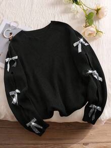 SHEIN LUNE Plus Size Hollow Out Casual Knit Sweater With Playful Sequin Bow Decor Bow Top Women Black Sweater Winter Party Graduation Elegant Sequin Elegant Graduation Christmas New Year Winte Shiny - Black - View 2
