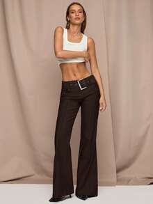 SHEIN BAE Women's Vintage Solid Color Low Waist Belted Flare Pants, Autumn,Fall,Fall Clothes For Women,Winter Clothes For Women - Coffee Brown - View 4