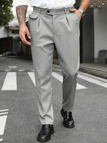 Manfinity Mode 大码男士简约纯色直筒裤，斜插口袋设计，适合工作和通勤穿着。 - 淺灰色 - 查看 5