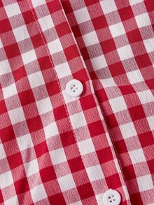 SHEIN MOD 红白格子彼得潘领系带泡泡袖衬衫