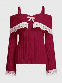 ROMWE Kawaii Lace Patchwork Bow Decor Red Long Sleeve Pullover Sweater - Burgundy - View 6