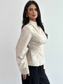 Firerie Women's Elegant Commute & Casual Vintage Bamboo Texture Stand Collar Long Sleeve Gathered Waist Pleated Design Regular Fit Shirt, Autumn/Winter New Ladies Blouse,Elegant Blouses For Women,Spring Women - Apricot - View 6