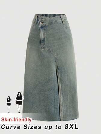 SHEIN CURVE+ 大码女式秋冬复古风牛仔中长裙，开衩设计，新年服装，圣诞节服装