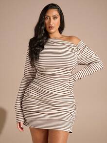 SHEIN BAE 大码女式不对称露肩长袖连衣裙，条纹连衣裙 - 棕色 - 查看 6