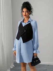 SHEIN Bộ 2 váy bầu: Áo không tay + Váy - Màu xanh lam - Xem 3