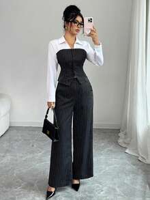 SHEIN Elenzya Conjunto de 2 piezas de blusa de mujer elegante con cuello en V de rayas de contraste y pantalones de pierna ancha, para otoño/invierno - Blanco y Negro - Ver 7