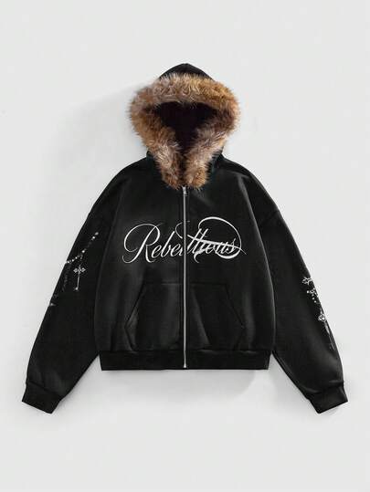 Street Life Sudadera con capucha de felpa con estampado de letras casual para hombre, otoño/invierno