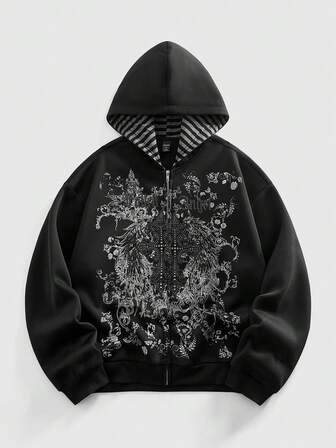 Street Life هودي كاجوال للرجال بطباعة رجعية، خريف/شتاء