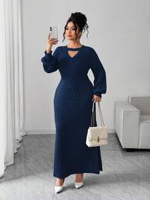 Elenzga Plus Size Elegant Delicate Hollow V-Neck Sweater Dress - Royal Blue - View 3