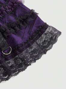 ROMWE Goth 情人节哥特式提花网纱蕾丝拼接蛋糕边低腰迷你裙 - 紫色 - 查看 3