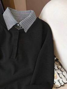 Airaco Women's Casual Striped Patchwork Sweatshirt, Autumn/Winter - Black - View 5