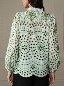 BELROSIE New Autumn French Style Casual Blouse With Intricate Embroidery, Hollow-Out Design, And Pleated Ruffle Detail, Long Sleeve - Green - View 6