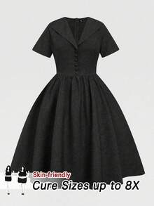 SHEIN CURVE+ Đầm tay ngắn màu trơn cổ điển thường ngày cỡ lớn dành cho nữ - màu đen - Xem 1