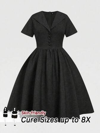 SHEIN CURVE+ Plus Size Women Vintage Casual Solid Color Short Sleeve Dress