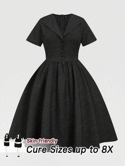 SHEIN CURVE+ Plus Size Women Vintage Casual Solid Color Short Sleeve Dress