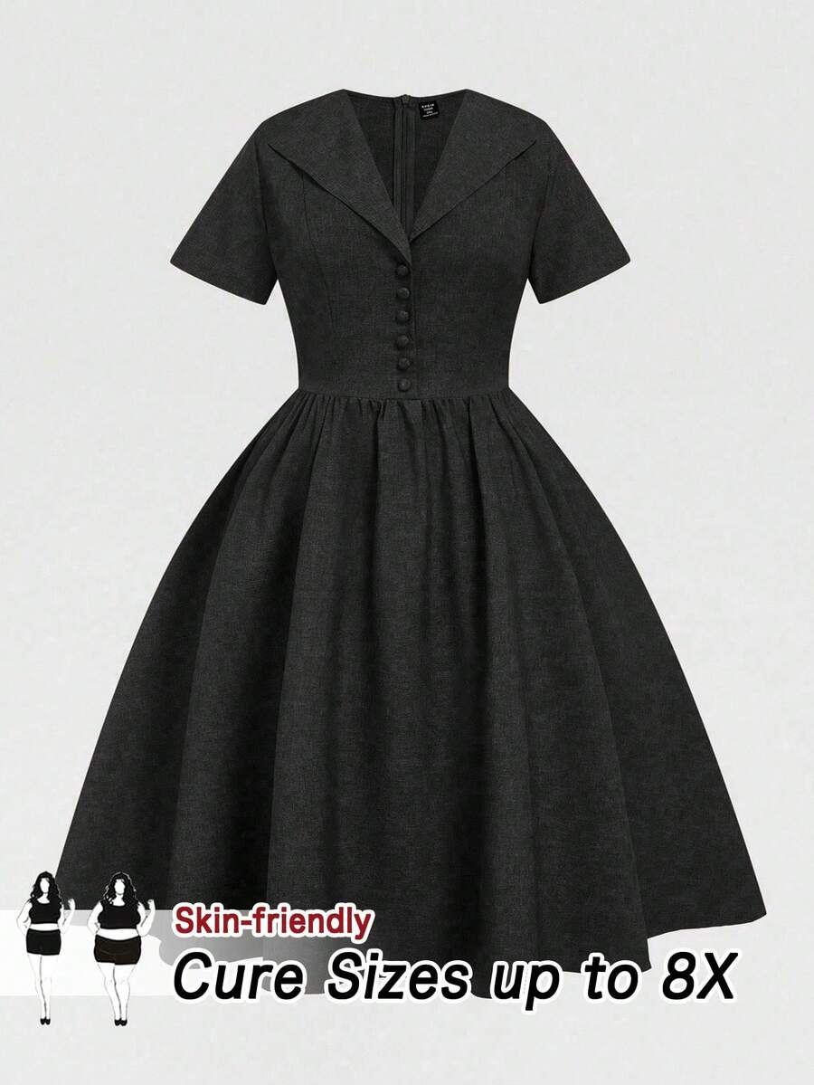 SHEIN CURVE+ Đầm tay ngắn màu trơn cổ điển thường ngày cỡ lớn dành cho nữ - màu đen - Xem 1