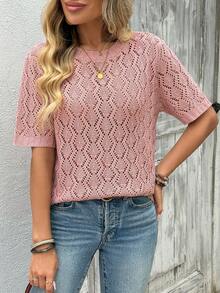 EMERY ROSE New Style Women Lace Collar Hollow Out Loose Fit Casual Blouse - Dusty Pink - View 1