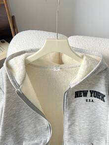 SHEIN Sudadera con capucha gris de punto suave para adolescentes, chaqueta forrada térmica - Gris - Ver 7