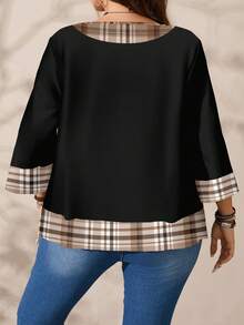 EMERY ROSE 大码女式休闲浪漫全印花圣诞格子图案撞色印花圆领宽松七分袖衬衫，黑色 - 彩色 - 查看 4