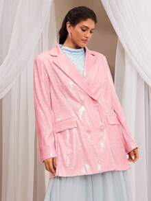 VOLUPTÉ CURVE Áo khoác mùa xuân cỡ lớn mới, thanh lịch, sang trọng, phong cách retro đô thị, chất liệu vải sequin cao cấp, ve áo satin màu hồng, dáng áo cỡ lớn, phù hợp đi làm, dự tiệc, hai hàng cúc, tay dài, dáng dài đến khuỷu tay, áo khoác vest nữ cho đám cưới, tiệc tùng, các dịp thường ngày. - Hồng - Xem 1