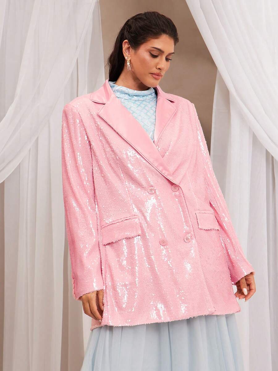 VOLUPTÉ CURVE Áo khoác mùa xuân cỡ lớn mới, thanh lịch, sang trọng, phong cách retro đô thị, chất liệu vải sequin cao cấp, ve áo satin màu hồng, dáng áo cỡ lớn, phù hợp đi làm, dự tiệc, hai hàng cúc, tay dài, dáng dài đến khuỷu tay, áo khoác vest nữ cho đám cưới, tiệc tùng, các dịp thường ngày. - Hồng - Xem 1