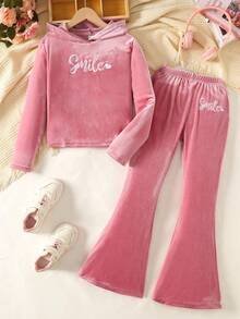 2pcs Tween Girls Casual Loose Comfortable Soft Letter Embroidered Hoodie Sweatshirt And Flare Pants Set - Pink - View 5