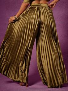 Vixey 高腰超阔腿缎面褶皱裤 - 橄欖綠 - 查看 5