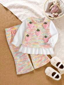 SHEIN Bộ 2 áo thun lông giả họa tiết dâu tây màu hồng dễ thương cho bé gái, áo sơ mi dài tay và quần dài thời trang thoải mái, bộ đồ màu cầu vồng cổ điển giản dị cho các buổi đi chơi hoặc du lịch mùa xuân/thu - màu đen - Xem 3