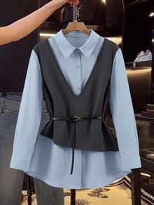 GlowEve CURVE Áo sơ mi dài tay 2 trong 1 cỡ lớn mới, áo sơ mi thường ngày, áo cánh chắp vá dệt kim mới cho mùa xuân/thu - Nhiều màu - Xem 5