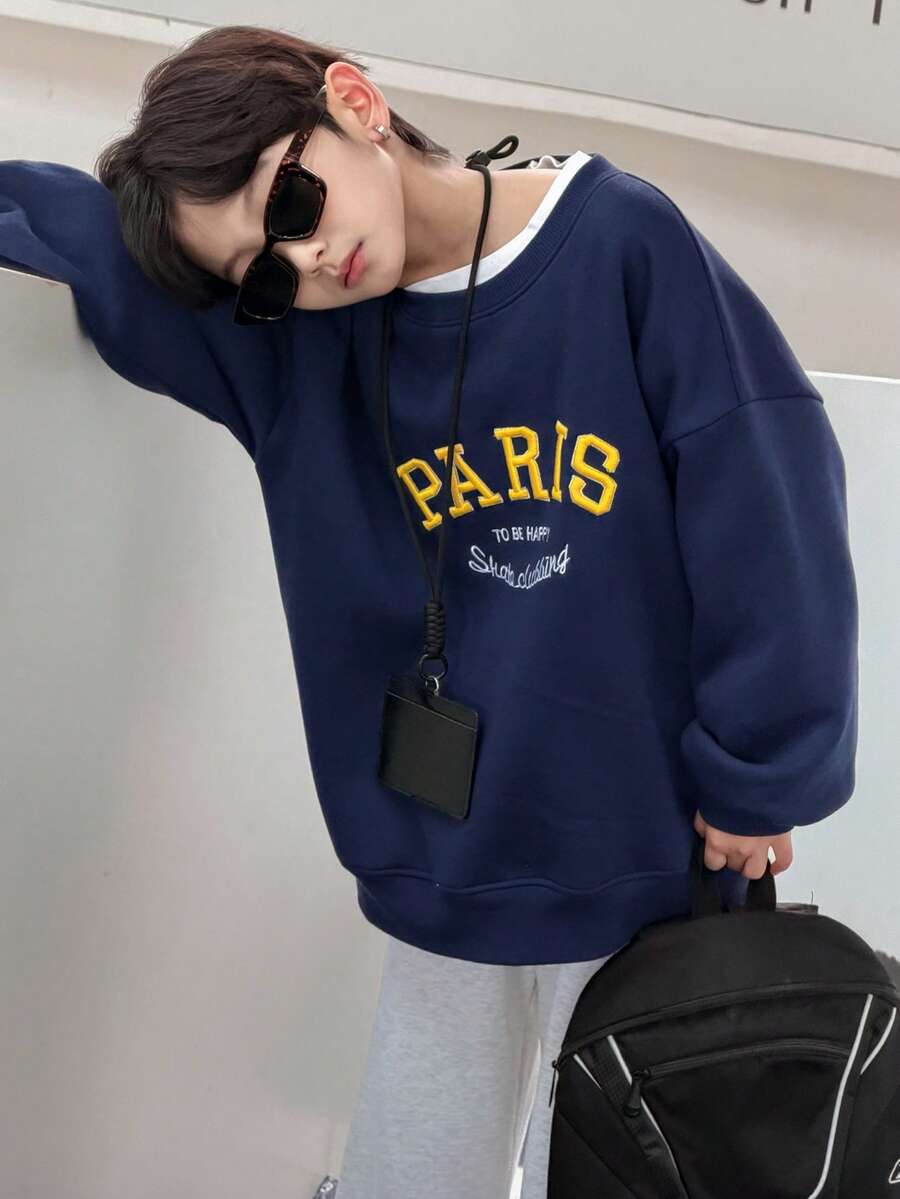 DAZY Tween Boy Letter Embroidery Round Neck Drop Shoulder Long Sleeve Casual Loose Sweatshirt, Autumn/Winter - Navy Blue - View 1