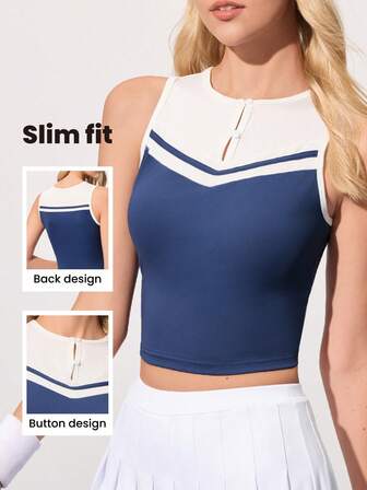 CourtClass Débardeur de tennis ajusté à col rond et design boutonné avec couleurs contrastées pour femmes