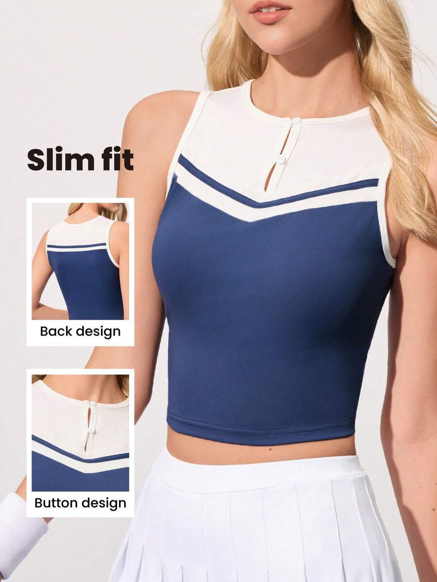 CourtClass Women's Round Neck Button Design Fitted Contrast Color Tennis Tank Top Athletic Top - Multicolor - View 1