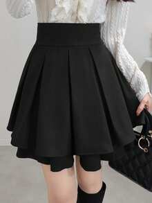 FRIFUL 女士黑色纯色高腰褶裥短款休闲百搭修身迷你裙，秋冬款