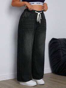 SHEIN ICON Plus Size Women Vintage Washed Denim Jeans, Autumn/Winter - Dark Grey - View 6