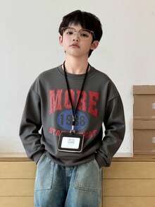 DAZY 青少年男童宽松休闲字母印花抓绒卫衣，秋季款 - 深灰色 - 查看 2