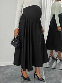 Momance Maternity Solid Color Adjustable Waist Pleated Casual Skirt - Black - View 1
