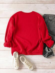 SHEIN EZwear 休闲简约圣诞小牛皮印花宽松圆领长袖加厚卫衣，女士款，秋冬新年派对必备 - 紅色 - 查看 2