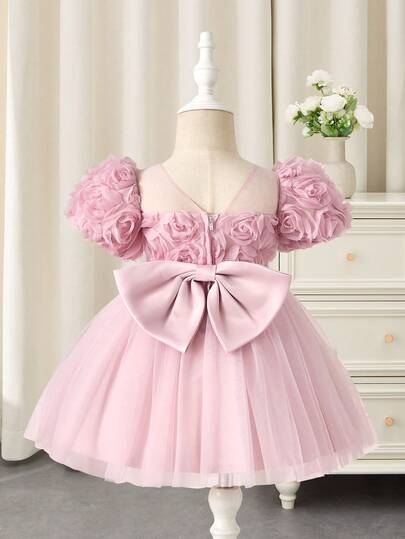 Glamorique Kids Baby Girls' Pink Rose Embroidered Tulle Satin Puff Sleeve Short Dress, Elegant Princess Dress For Children, Flower Girl Dress For Wedding, Party, Birthday