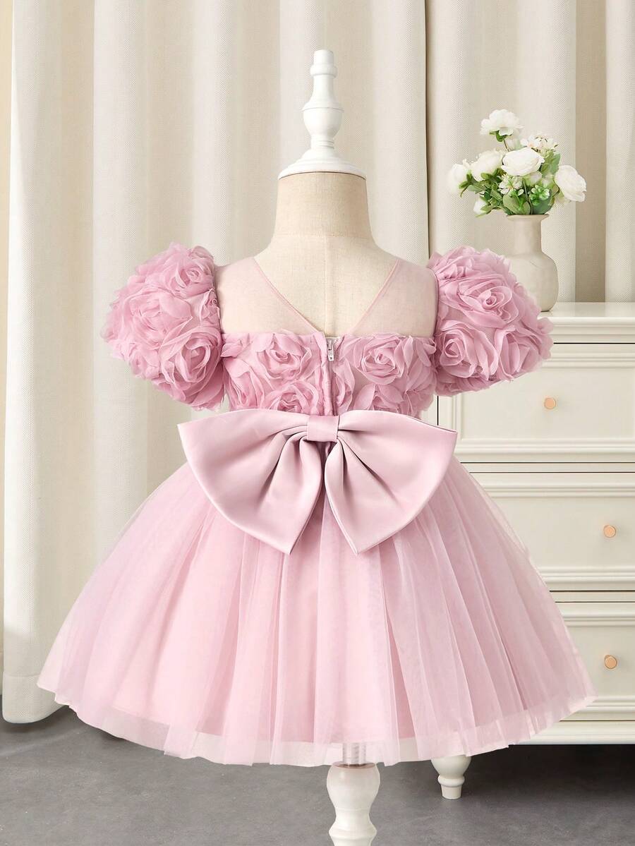 Glamorique Kids 女婴粉色玫瑰刺绣薄纱缎面泡泡袖短裙，优雅公主裙，适合儿童，可作婚礼、派对、生日花童礼服