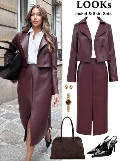 Vionelle Conjunto de dos piezas de traje de talla grande para mujer, con blazer de solapa elegante y de alta calidad en tela de PU brillante, de doble botonadura, cintura elástica, bolsillo con cremallera lateral y abertura frontal, falda a juego, ideal para conciertos, salidas, citas nocturnas, fiestas, Navidad, Año Nuevo