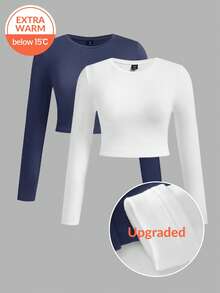 SHEIN BASICS 2 chiếc áo thun ngắn tay dài cổ tròn dệt kim trơn dành cho nữ, vải ấm nâng cấp, lót nhiệt mà không cồng kềnh, áo thun co giãn cơ bản đa năng cho mùa thu đông dành cho nữ - Màu xanh lam - Xem 10