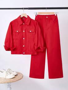 2 piezas Conjunto de moda casual de estilo vintage Y2K para niño preadolescente, un regalo decorativo navideño que incluye una chaqueta de mezclilla de cuello largo y mangas largas y unos pantalones vaqueros simples, cómodos y sueltos para ropa de diario y atuendos de otoño e invierno para niños, ropa de festival y ropa urbana