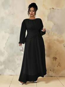 Roveilla Plus Size Women's Spring/Summer French Romantic Sicily Elegant Casual Commute Vacation Christmas Party Solid Brown Round Neck Ruched Waist Drawstring A-Line Elastic Waist Long Sleeve Maxi Dress Dress Modest Long Sleeve Formal Dress Black Church Dress Black Long Dress Elegant Black Maternity Dress