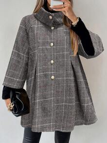 LanaWest Women's Grey Traceable Plaid Fabric High Collar Dropped Shoulder Metal Button Design Loose Hem 3/4 Sleeve Elegant Classy Thanksgiving Halloween Streetwear Casual Boho Autumn/Winter New Fashion Versatile Loose Woolen Jacket - Multicolor - View 1