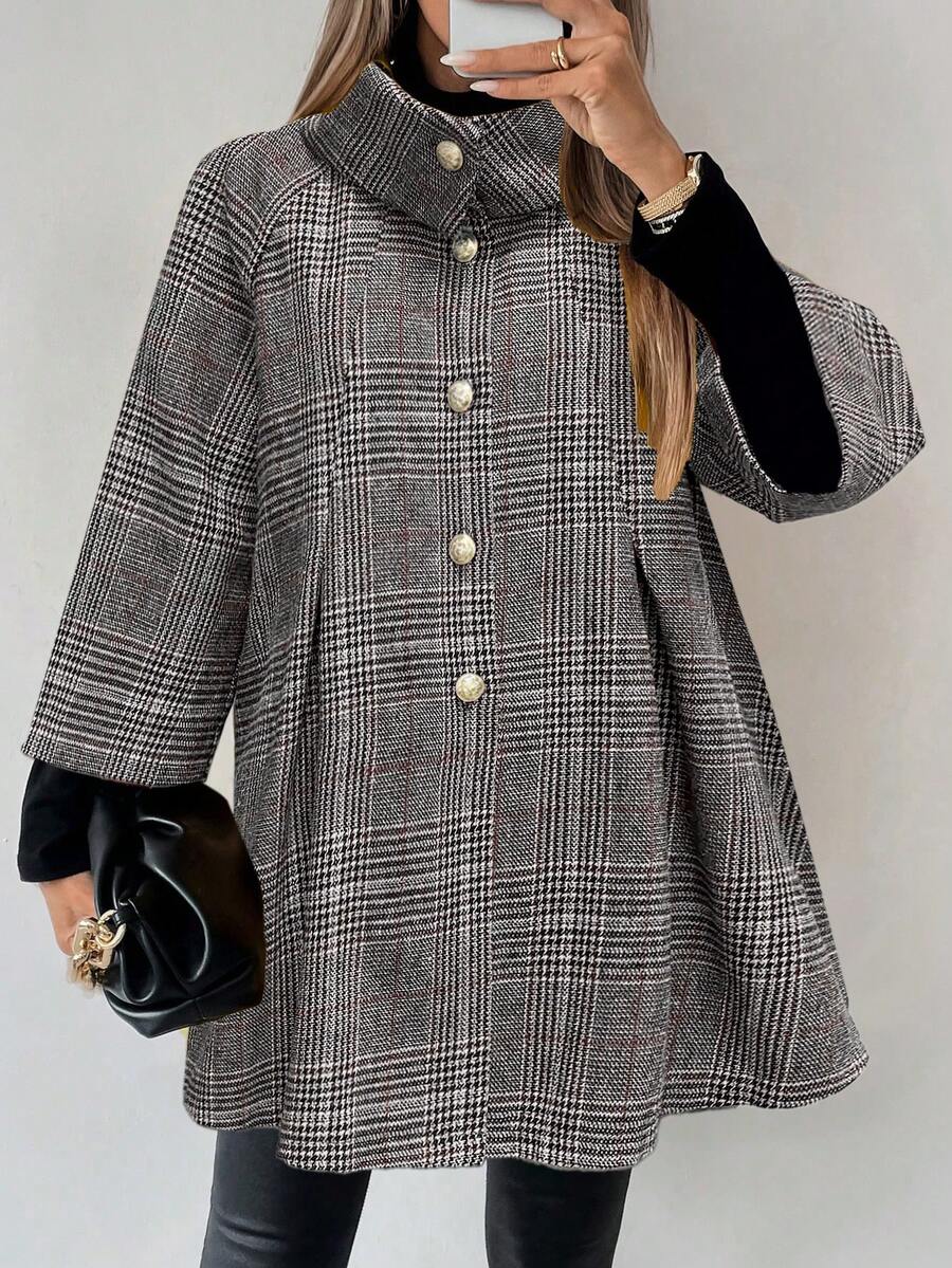 LanaWest Women's Grey Traceable Plaid Fabric High Collar Dropped Shoulder Metal Button Design Loose Hem 3/4 Sleeve Elegant Classy Thanksgiving Halloween Streetwear Casual Boho Autumn/Winter New Fashion Versatile Loose Woolen Jacket - Multicolor - View 1