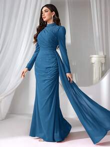 Coutiva 女士立领仿珍珠装饰长款晚礼服 - 霧霾藍 - 查看 5